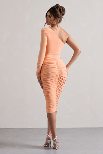 In The Shadows Coral One Sleeve Midi Dress With Ruching